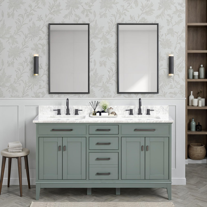 Anglet 60" Double Bathroom Vanity with Top, Carrera White, Smoke Green