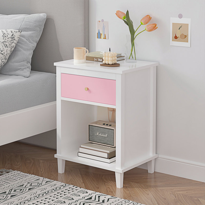 Table de chevet en bois avec 1 tiroir et 1 tablette, Pink