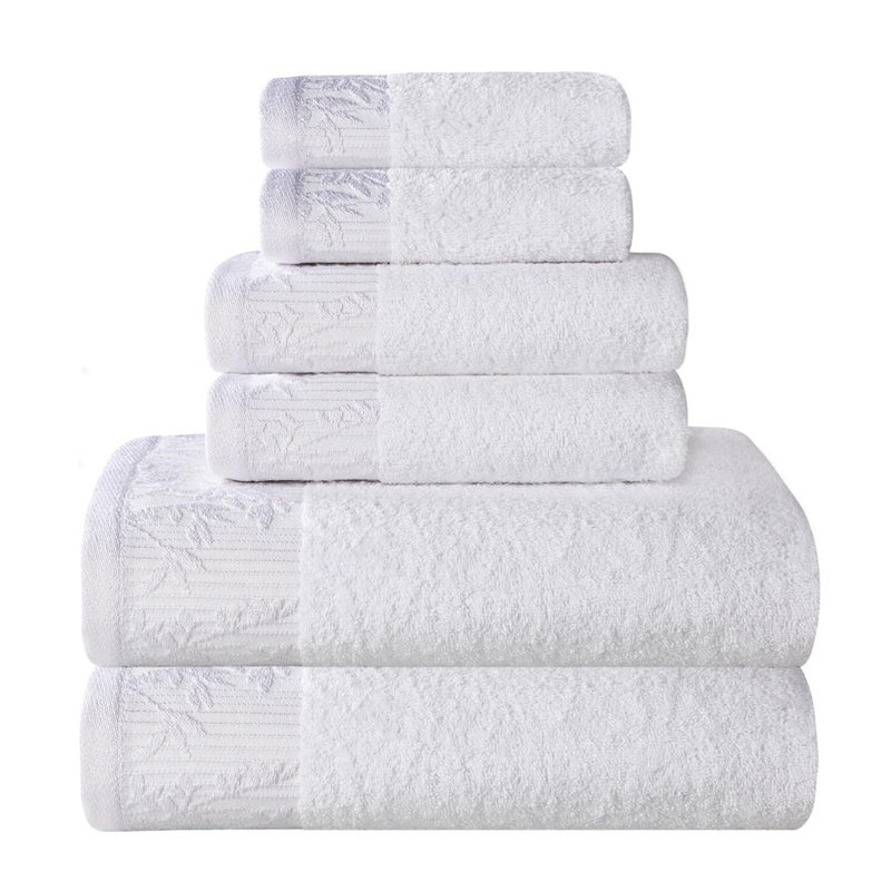 Carinna Cotton Medium Weight Floral Jacquard Border Assorted Bathroom Towel Set, White/White, 6 Piece Towel Set