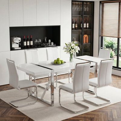 7-Piece Modern Rectangular Dining Set with Chrome Base and Upholstered Cantilever Chairs