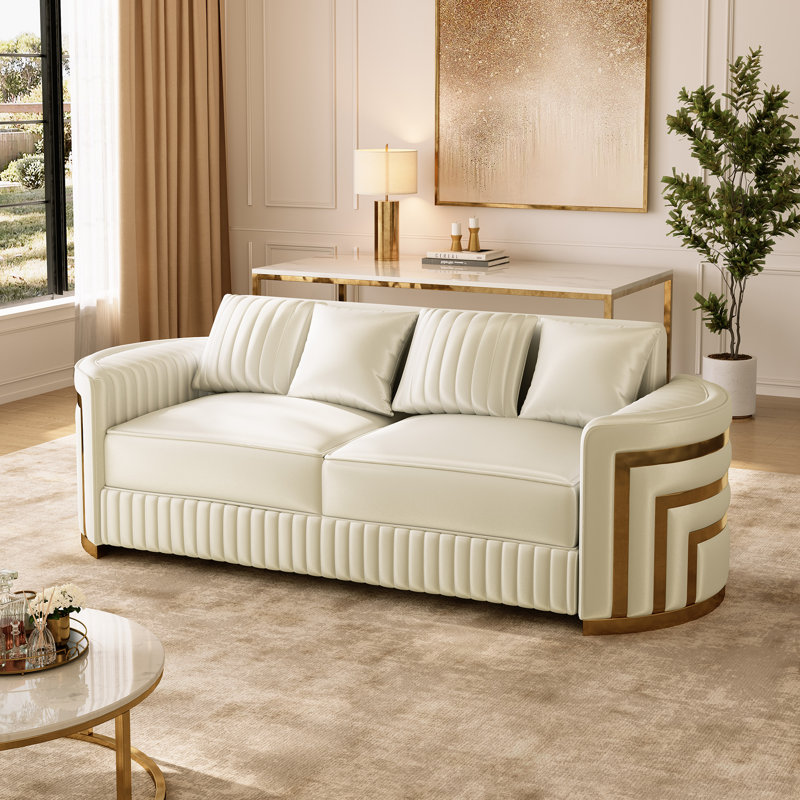 Canapé deux places incurvé moderne de 218 cm avec accoudoirs et dossier ornés de détails dorés, Beige