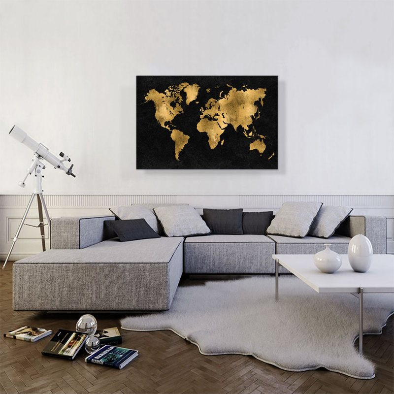 «Black Yellow World Map Globe», impression sur toile tendue, H 26 po x l 40 po x P 0,75 po