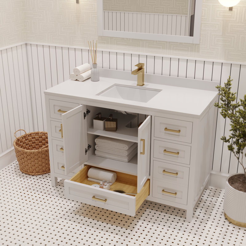 Ensemble de meuble-lavabo simple 48 po avec plateau en quartz blanc Rooh, Or brossé, Blanc
