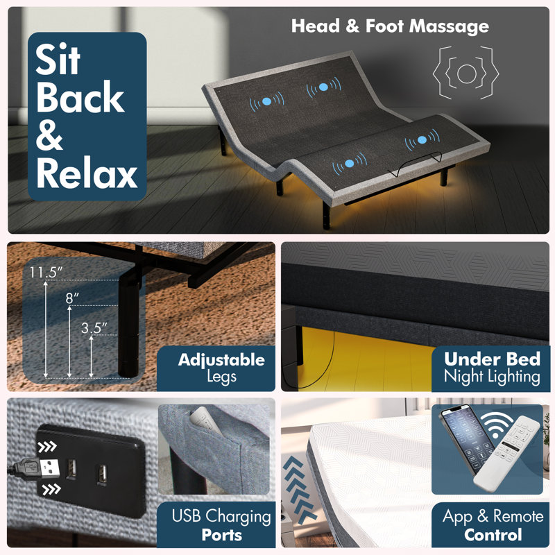 Renanim SerenityFlex Adjustable Bed Frame with Massage, USB, Underbed Light, App Control, Full