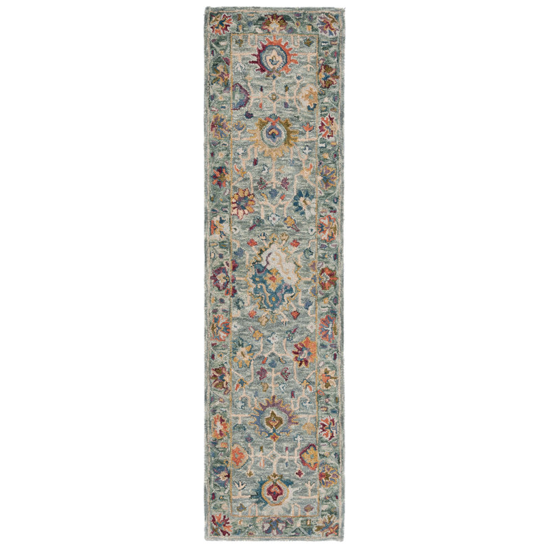 Tapis oriental en laine et coton touffeté à la main gris et vert, Rectangulaire 2 pi x 3 pi