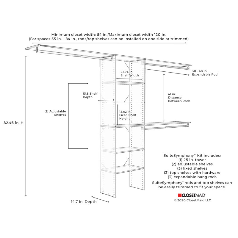 SuiteSymphony 84" W - 120" W Closet System Kit with Top Shelves, Espresso