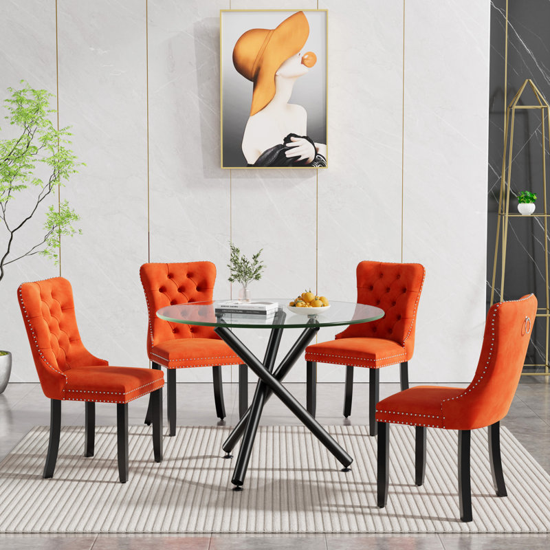 36" Glass Dining Room Table Set for 4, 5-Piece Round Black Dining Table with Metal Legs,  4pcs Velvet Upholstered Chairs with Wood Legs, Glass Kitchen Table and Chairs Set