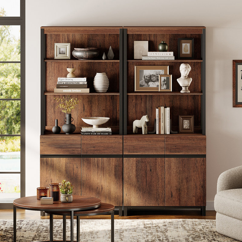 Aadam  Modern 72" Tall Bookcase With Metal Base, Adjustable Shelves, and Storage Cabinets, Brown, 2