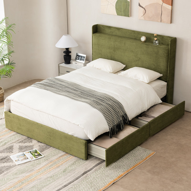 Lit plateforme tapissier avec 4 tiroirs de rangement et tête de lit, Double, Vert