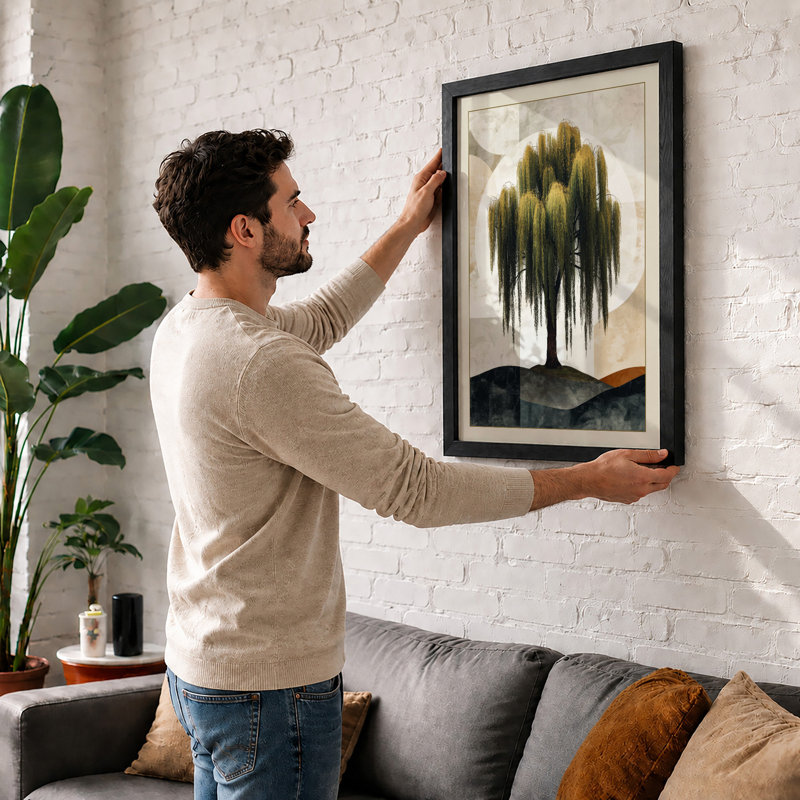 Weeping Willow Japandi - Framed Print, A2 - 59.4 x 42.0 cm, Walnut