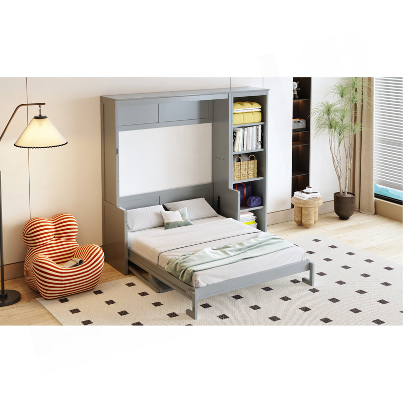 Lit escamotable double avec bureau et bibliothèque, Gris, Lit double