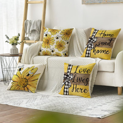 Ensemble de 4 housses de coussin en tournesol Home Sweet Home Bee, Love Lives Here