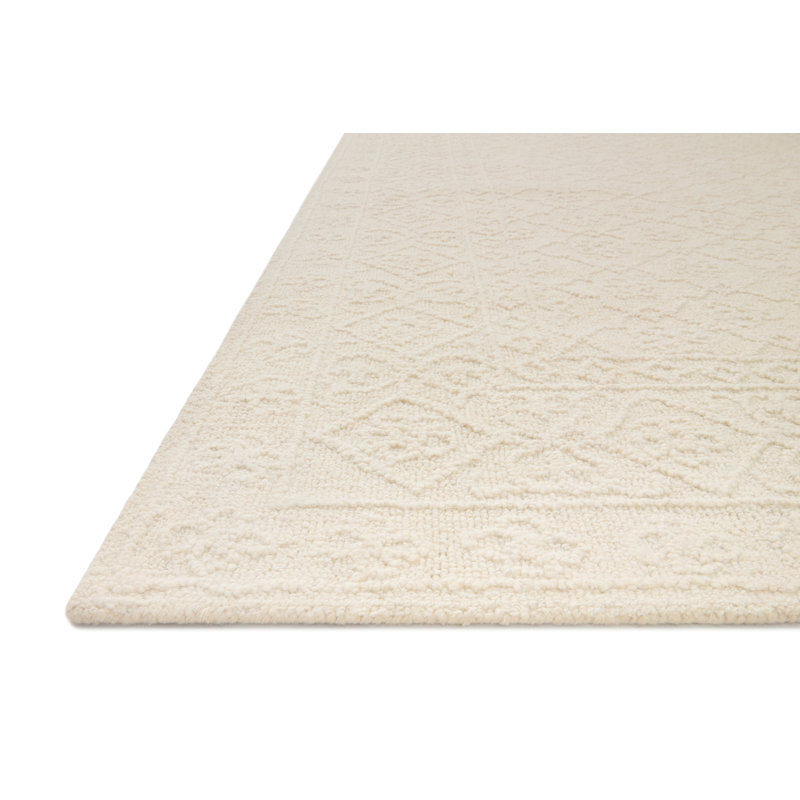 Albie Oriental Handmade Tufted Wool Area Rug in Ivory/Ivory, Rectangle 5' x 7'6"