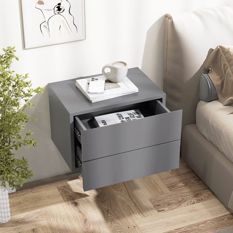Floating Nightstand With Drawer Storage Modern Floating Bedroom Shelf, Gray, Set of 2