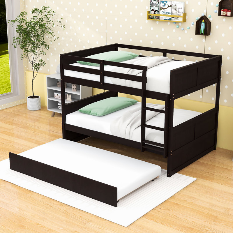 Wood Full Over Full Bunk Bed With Twin Trundle And Guardrails, Espresso