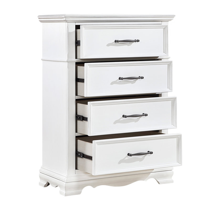 Commode haute Yal, 4 tiroirs avec poignées barres en nickel noir, blanc