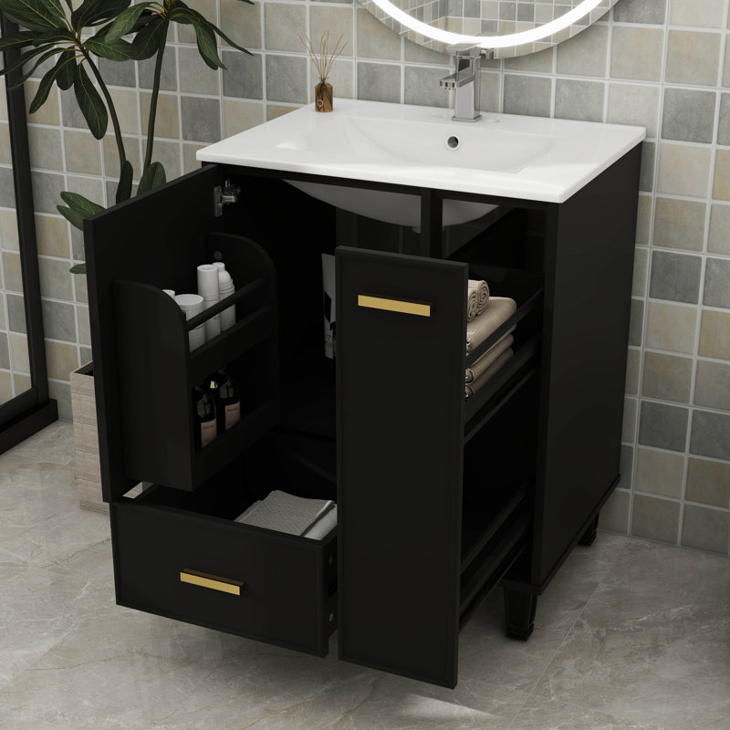 Meuble-lavabo 24 po avec lavabo encombrant avec armoire de salle de bain, tablette profonde, tiroir profond et panier coulissant à 2 niveaux