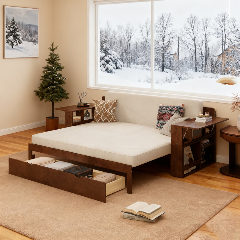 Daybed With Removable Desk, Storage Drawers & Hydraulic Side Table, Espresso Finish For Modern Living