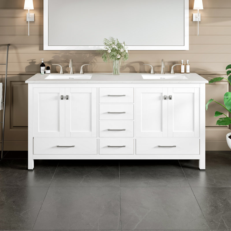 Minnich 72"W x 22"D Double Sink Bathroom Vanity with Undermount Porcelain Sink, White, Quartz - White Carrara
