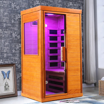 Intérieur mini infrarouge lointain, matériau, dimensions de 35,4 x 27,5 x 63,3 po, lecteur de musique, éclairage de thérapie à 7 couleurs, 6 panneaux chauffants à faible teneur en carbone, puissance standard américaine, 1120 W, température de 15 65 C,