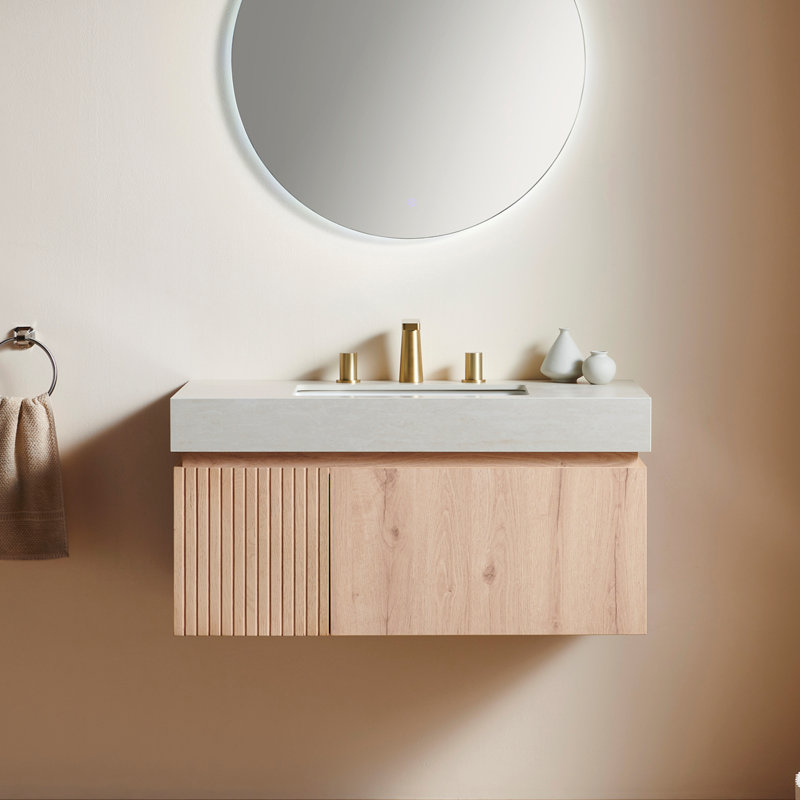 Meuble-lavabo moderne avec comptoir en pierre frittée à motif travertin Valenza, Chêne blanc, Beige, 36"