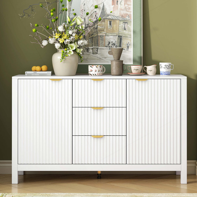 Armoire d'entrée avec motif ondulé - 3 tablettes réglables, Blanc