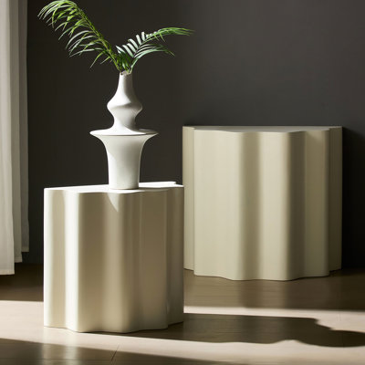 Table basse 2 pièces en fibre de verre, bords ondulés, élégant et contemporain, sans assemblage, 21,67 po de profondeur, pour petite chambre à coucher, bout doux contemporain gracieux, accent de salon