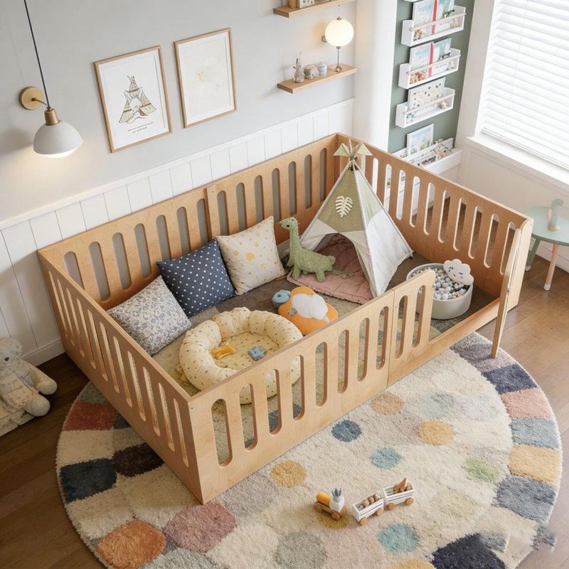 Floor Bed with High Fence with Door, low-profile and No Box Spring Needed Design, Natural, Full