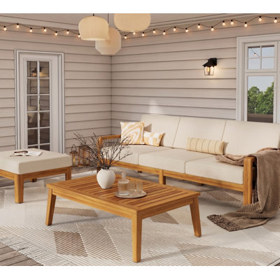Outdoor L Shape 3pcs Acacia Wood Patio Sofa Set