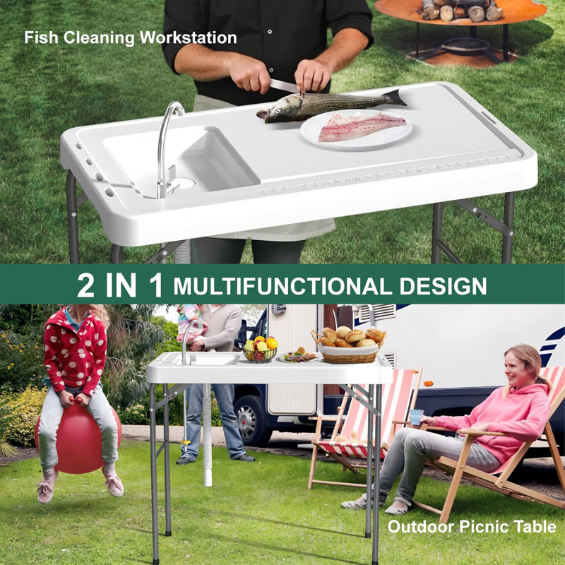 42.5" Fish Cleaning Table With Sink, Folding Outdoor Camping Table