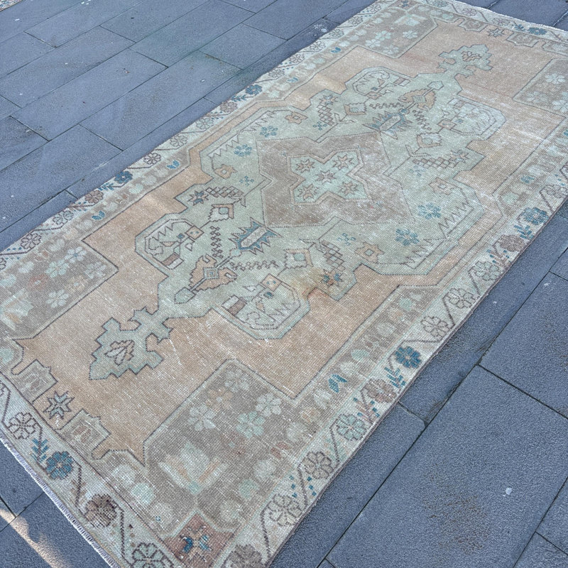 Tapis turc rétro en laine Anatolian avec motif Oushak discret pour chambre à coucher - Beige