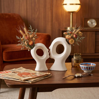 Ensemble de 2 vases faciaux en céramique - Porte-fleurs sculptural abstrait pour décoration bohème, moderne et scandinave | Disponible en blanc mat et noir