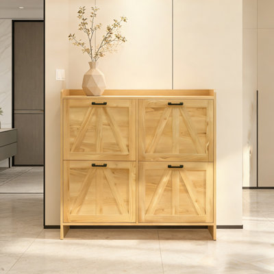 Armoire à chaussures rustique en chêne clair avec porte de grange avec 4 tiroirs rabattables et tablette inférieure ouverte, organisateur d'entrée mince pour le couloir ou le salon