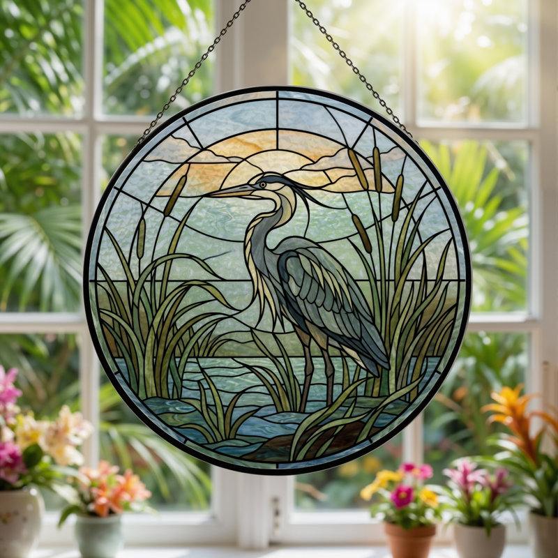Panneau de vitrail Heron Marsh - 7,8 H, H 7,8 po