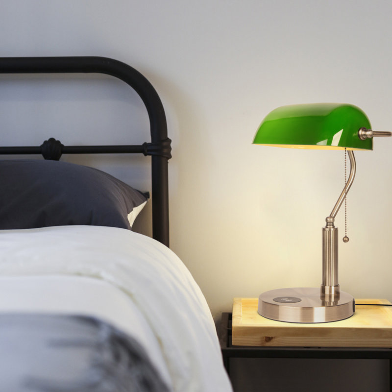 Lampe de bureau en verre avec chargeur sans fil, 2 ports de charge USB, lampe de bureau rétro avec interrupteur à chaîne, lampes de table rétro pour bureau personnel, piano, bibliothèque (ampoule incluse)