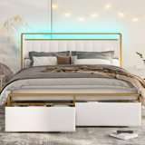 Omartin 45.4'' Bed Frame Twin Size with Armrests Headboard & RGB Light, Upholstered Twin Size Bed Platform with Drawers