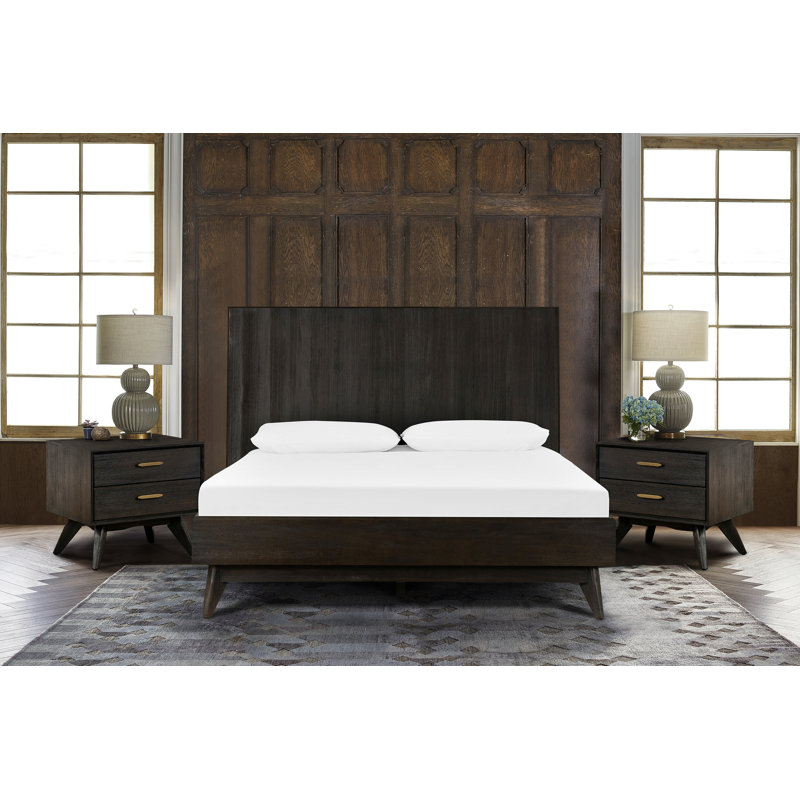 Ensemble de chambre à coucher moderne 3 pièces en bois d'acacia avec tête de lit Nollet, Brun, Grand