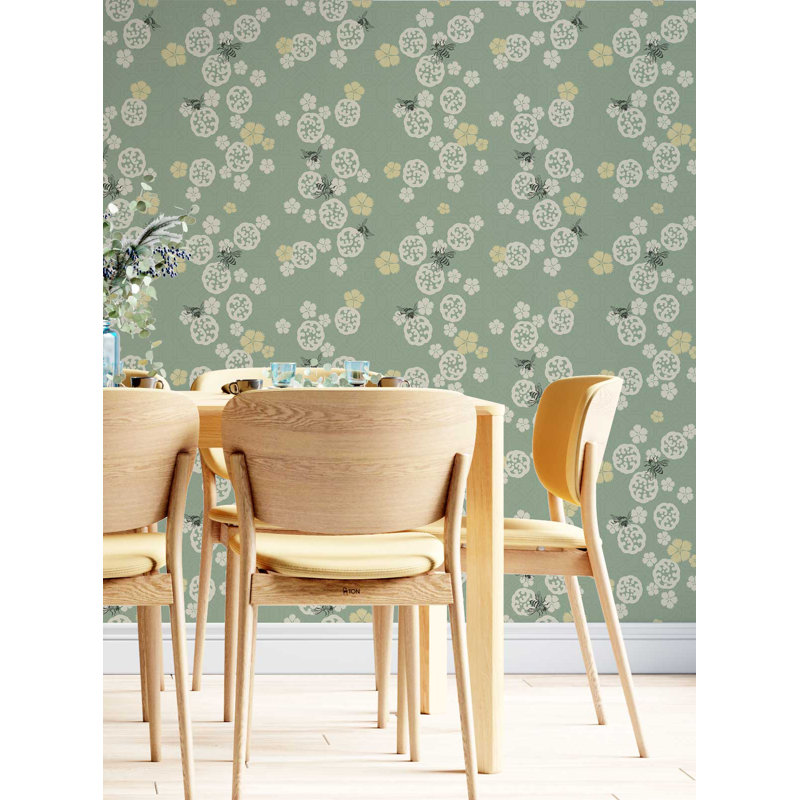 Buzzing Blooms 33' L x 20.5" W  Wallpaper Roll, Green/Cream