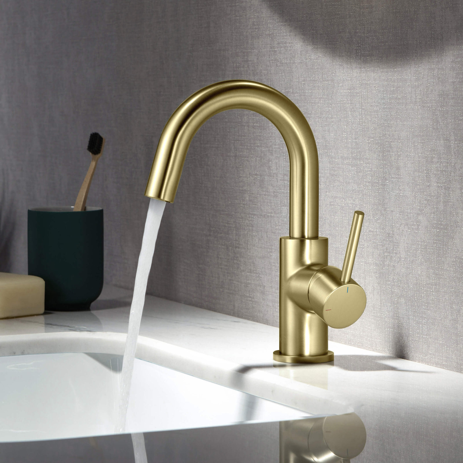 Circular Single-Hole Bathroom Faucet with Drain, Brushed Gold