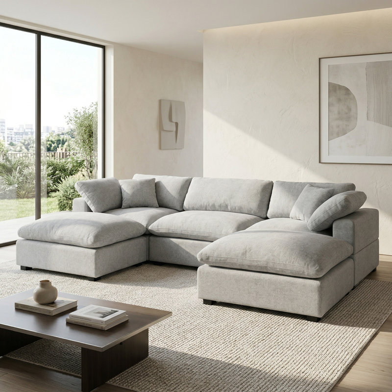 Modular Plush Chenille Extra Soft Deep Cloud Sectional U-shaped Sofa With Ottoman & Armrest Pillows, Light Gray Chenille