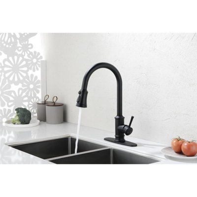 Robinet rétractable noir mat pour la cuisine, acier inoxydable, arche élevée à poignée simple, débit de 1,8 gallon par minute, cuisine facile à entretenir dans la poignée, noir, à faire fonctionner et à installer