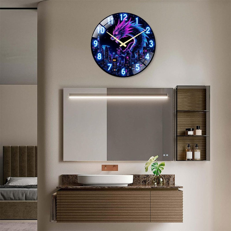 Neon Dragon Clock Art - 24‘’ Modern Glass Wall Clock