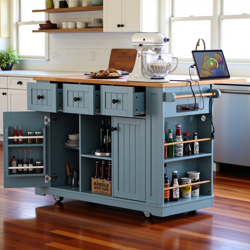 Grand îlot de cuisine de 53 pouces avec rallonge, prise de courant, support de rangement interne de porte, chariot de cuisine sur roulettes sur 5 roulettes avec 5 supports latéraux ouverts pour la cuisine, gris bleu