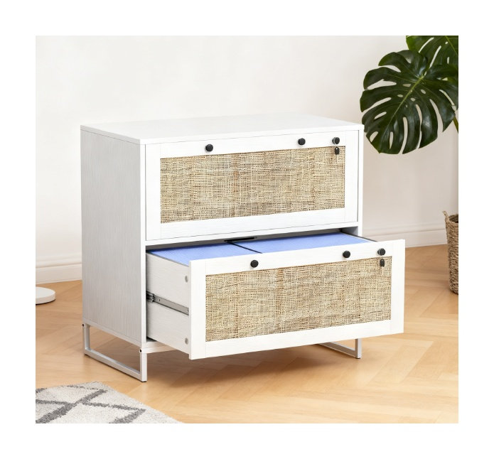 Classeur blanc à 2 tiroirs avec barre de suspension réglable et détails en rotin