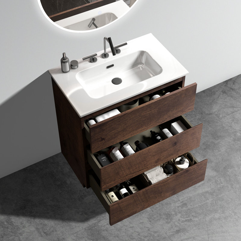 Meuble-lavabo de 30 po en noyer. Fonctionnement silencieux, rangement élargi. Luminaire moderne. Lavabo blanc. Meuble-lavabo pré-assemblé. Capacité de rangement, fonctionnement. Poignée ergonomique.