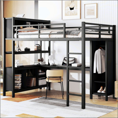 Lit mezzanine double en métal avec garde-robe, bureau en L et rangement, robuste pour enfants, adolescents et adultes, noir