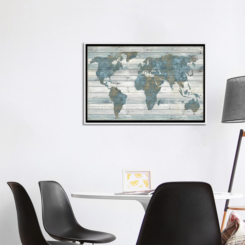 World Map on Wood by Jamie Macdowell - Wrapped Canvas Print, No Mat, 26" H x 40" W x 1.5" D, White Framed