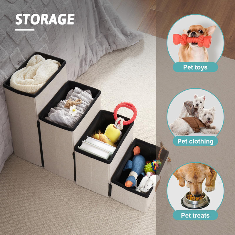 Foldable Brown Fabric Pet Stairs with Storage