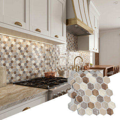 11.8" W × 11.8" D Neutral Marble Hexagon Peel and Stick Backsplash Tile Self-Adhesive Vinyl Wall Tiles for Kitchen, Bathroom Backsplash, RV, Home Decor
