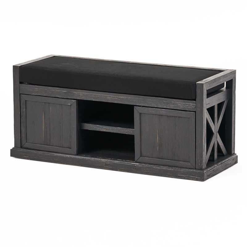Banc en bois gris foncé avec coussin et tablette avec rangement pour coussins